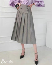 Load image into Gallery viewer, Grey-Cotton-Pleaded-Long-Dress-with-Waist-Flap-and-Button-Design-model-shots-1
