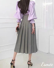 Load image into Gallery viewer, Grey-Cotton-Pleaded-Long-Dress-with-Waist-Flap-and-Button-Design-model-shots
