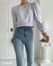 Load image into Gallery viewer, Grey-Korean-Cotton-Sweater-with-Puffed-Sleeves-model-shots-2
