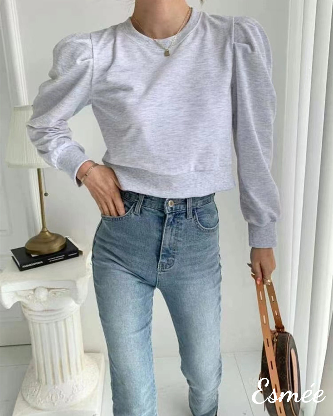 Grey-Korean-Cotton-Sweater-with-Puffed-Sleeves-model-shots