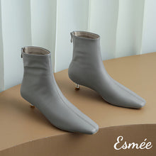 Load image into Gallery viewer, Grey-Leather-Ankle-Boots-with-Transparent-Kitten-Heels-product-shots
