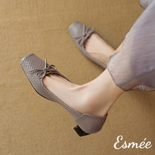 Load image into Gallery viewer, Grey-Leather-Flats-with-Bow-Knot-and-Peep-Toe-Design-model-shots
