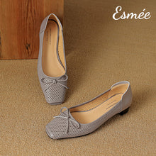 Load image into Gallery viewer, Grey-Leather-Flats-with-Bow-Knot-and-Peep-Toe-Design-product-shots
