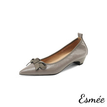 Load image into Gallery viewer, Grey-Leather-Flats-with-Bow-Knot-product-shots-white-background
