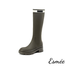 Load image into Gallery viewer, Grey-Leather-Long-Boots-with-White-Strap-Design-product-shots-white-background
