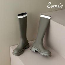 Load image into Gallery viewer, Grey-Leather-Long-Boots-with-White-Strap-Design-product-shots
