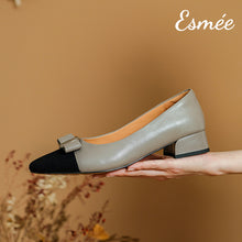 Load image into Gallery viewer, Grey-Leather-Low-Heels-with-Bow-Knot-Design-product-shots
