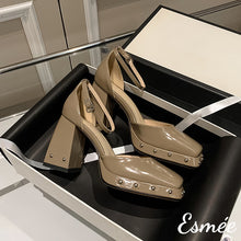 Load image into Gallery viewer, Grey-Patent-Leather-High-Heel-Sandals-with-Rockstud-Platform-Design-product-shots
