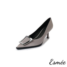 Load image into Gallery viewer, Grey-Silk-High-Heels-with-Metal-Buckle-product-shots-white-background
