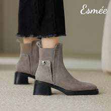 Load image into Gallery viewer, Grey-Suede-Ankle-Boots-with-Ribbon-Rear-Design-model-shots
