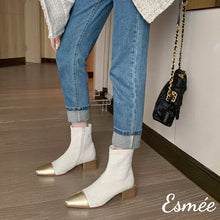 將圖片載入圖庫檢視器 Ivory-Fabrics-Ankle-Boots-with-Metallic-Heel-and-Toe-Cap-model-shots
