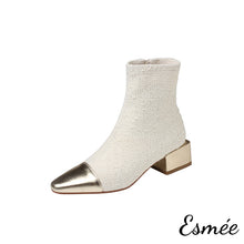 Load image into Gallery viewer, Ivory-Fabrics-Ankle-Boots-with-Metallic-Heel-and-Toe-Cap-product-shots-white-background
