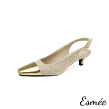 將圖片載入圖庫檢視器 Ivory-Frabrics-High-Heel-Slingback-with-Golden-Toe-Cap-product-shots-white-background
