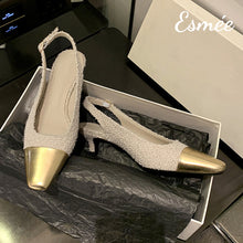 Load image into Gallery viewer, Ivory-Frabrics-High-Heel-Slingback-with-Golden-Toe-Cap-product-shots
