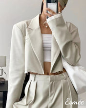 Load image into Gallery viewer, Ivory-Korean-Cotton-Cropped-Blazer-with-Contrast-Layering-model-shots-1
