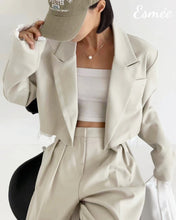 Load image into Gallery viewer, Ivory-Korean-Cotton-Cropped-Blazer-with-Contrast-Layering-model-shots-2
