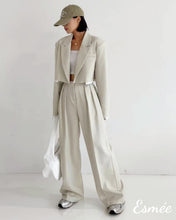 Load image into Gallery viewer, Ivory-Korean-Cotton-Cropped-Blazer-with-Contrast-Layering-model-shots
