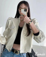 Load image into Gallery viewer, Ivory-Korean-Synthetic-Leather-Jacket-with-Puffed-Sleeves-model-shots-1
