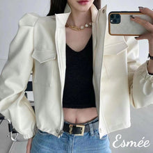 Load image into Gallery viewer, Ivory-Korean-Synthetic-Leather-Jacket-with-Puffed-Sleeves-model-shots
