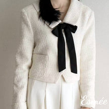 Load image into Gallery viewer, Ivory-Korean-Tweed-Blazers-with-Bow-Knot-Design-model-shots-1
