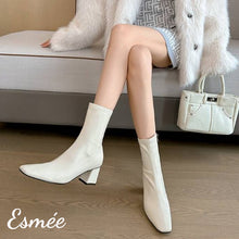 Load image into Gallery viewer, Ivory-Leather-Ankle-Boots-with-7cm-Block-Heels-model-shots
