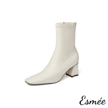 Load image into Gallery viewer, Ivory-Leather-Ankle-Boots-with-7cm-Block-Heels-product-shots-white-background
