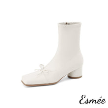 Load image into Gallery viewer, Ivory-Leather-Ankle-Boots-with-Bow-Knot-Design-product-shots-white-background
