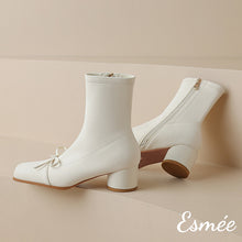 Load image into Gallery viewer, Ivory-Leather-Ankle-Boots-with-Bow-Knot-Design-product-shots
