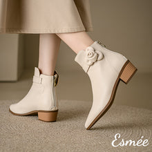 Load image into Gallery viewer, Ivory-Leather-Ankle-Boots-with-Pointed-Toe-and-Rosebud-Design-model-shots
