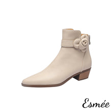 Load image into Gallery viewer, Ivory-Leather-Ankle-Boots-with-Pointed-Toe-and-Rosebud-Design-product-shots-white-background
