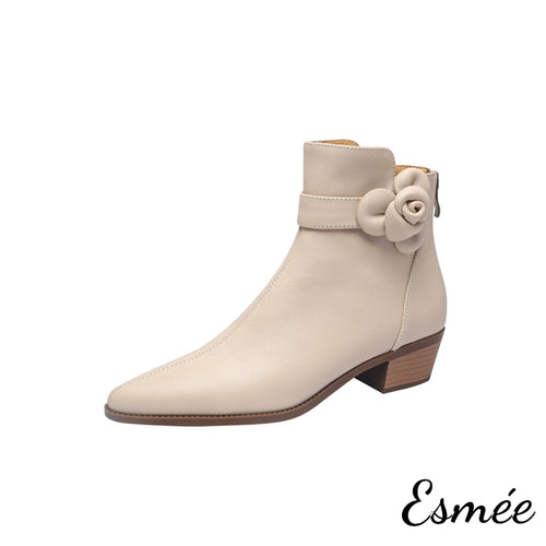 Ivory-Leather-Ankle-Boots-with-Pointed-Toe-and-Rosebud-Design-product-shots-white-background