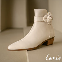 Load image into Gallery viewer, Ivory-Leather-Ankle-Boots-with-Pointed-Toe-and-Rosebud-Design-product-shots
