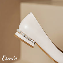 Load image into Gallery viewer, Ivory-Leather-Flats-with-Mini-Pearl-Heels-and-Black-Toe-Cap-product-shots-detail
