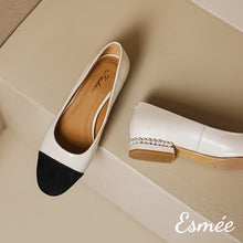 Load image into Gallery viewer, Ivory-Leather-Flats-with-Mini-Pearl-Heels-and-Black-Toe-Cap-product-shots
