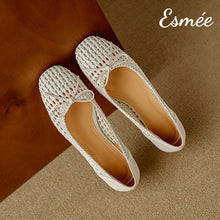 Load image into Gallery viewer, Ivory-Leather-Flats-with-Net-Design-and-Bow-Knot-product-shot
