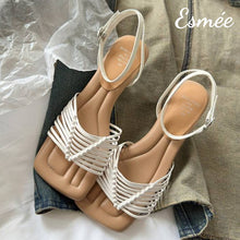 Load image into Gallery viewer, Ivory-Leather-High-Hee-Sandals-with-Ankle-Straps-_-Woven-Design-product-shots
