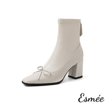 Load image into Gallery viewer, Ivory-Leather-High-Heel-Ankle-Boots-with-Bow-Knot-Design-product-shots-white-background
