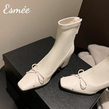 將圖片載入圖庫檢視器 Ivory-Leather-High-Heel-Ankle-Boots-with-Bow-Knot-Design-product-shots
