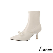 Load image into Gallery viewer, Leather High Heel Ankle Boots with Bow Knot and Pearl Design
