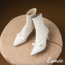 Load image into Gallery viewer,    Ivory-Leather-High-Heel-Ankle-Boots-with-Bow-Knot-and-Pearl-Design-product-shots
