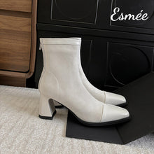 Load image into Gallery viewer, Ivory-Leather-High-Heel-Ankle-Boots-with-Patent-Leather-Toe-Cap-product-shots
