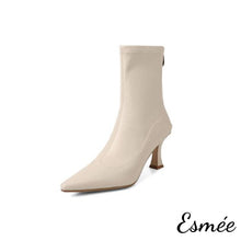 Load image into Gallery viewer, Ivory-Leather-High-Heel-Ankle-Boots-with-Pointy-Toe-Design-product-shots-white-background
