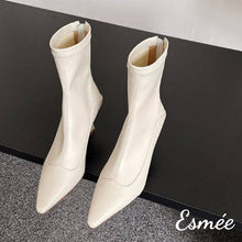 Load image into Gallery viewer, Ivory-Leather-High-Heel-Ankle-Boots-with-Pointy-Toe-Design-product-shots
