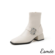 Load image into Gallery viewer, Ivory-Leather-High-Heel-Ankle-Boots-with-Rhinestone-Buckle-product-shots-white-background
