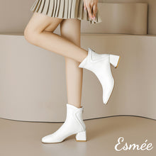 Load image into Gallery viewer, Ivory-Leather-High-Heel-Ankle-Boots-with-Special-Cutting-Design-model-shots
