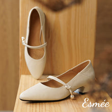 Load image into Gallery viewer, Ivory-Leather-High-Heel-Maryjanes-with-Pearl-Design-product-shots
