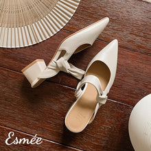 Load image into Gallery viewer, Ivory-Leather-High-Heel-Mules-with-Bow-Knot-Straps-product-shots
