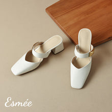 Load image into Gallery viewer, Ivory-Leather-High-Heel-Mules-with-Metal-Buckle-product-shots
