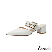 Load image into Gallery viewer, Ivory-Leather-High-Heel-Mules-with-Thick-Leather-Buckle-product-shots-white-background
