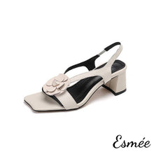 將圖片載入圖庫檢視器 Ivory-Leather-High-Heel-Sandals-with-Flower-and-Square-toe-Design-product-shots-white-background
